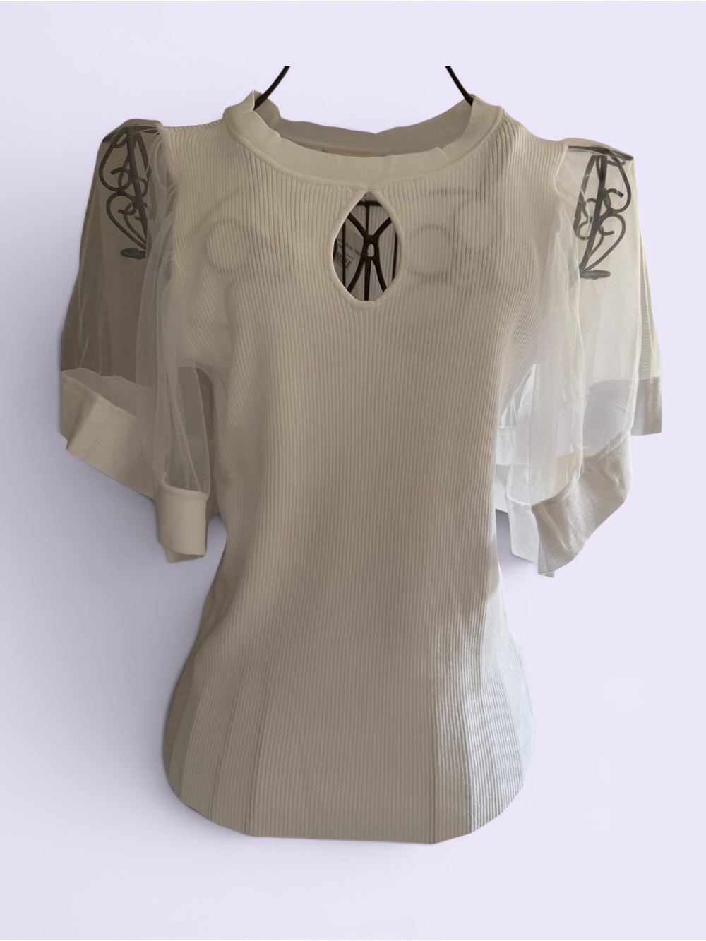 White Ribbed Top with Sheer Flutter Sleeves and Keyhole - Women’s Size 1X, NWT